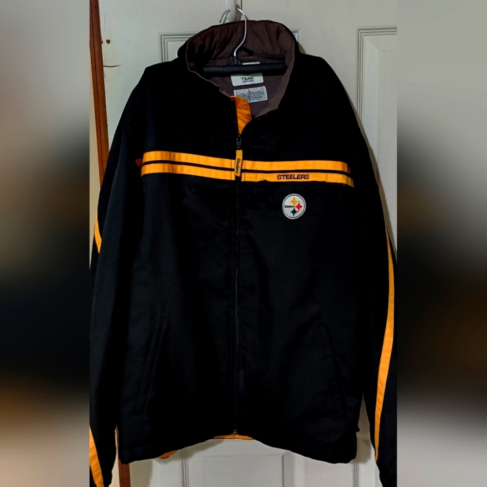 NFL Steelers Jacket Men’s Size L Zip Front Light Fleece Liner Black And Gold